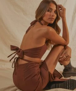 Peppermayo Exclusive Romantics Linen Halter Top - Choc Brown