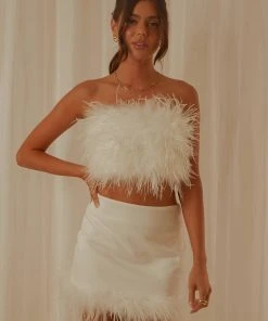 Peppermayo Exclusive The Night Is Ours Feather Crop Top - White