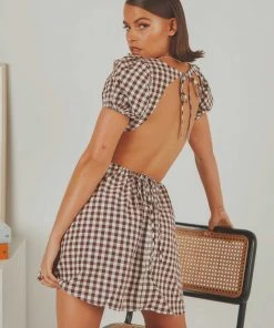 Peppermayo Exclusive Anglais Mini Dress - Choc Brown Gingham