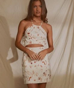 Peppermayo Exclusive Eastern Coastlines Linen Halter Mini Dress- Safari