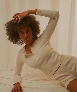 Nude Lucy Nude Ribbed Lounge LS Tee - Cream Marle New & Most Loved