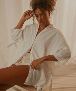 Nude Lucy New & Most Loved Nude Linen Lounge Shirt Dress - White