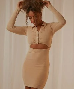 Peppermayo Elena Long Sleeve Mini Dress - Beige