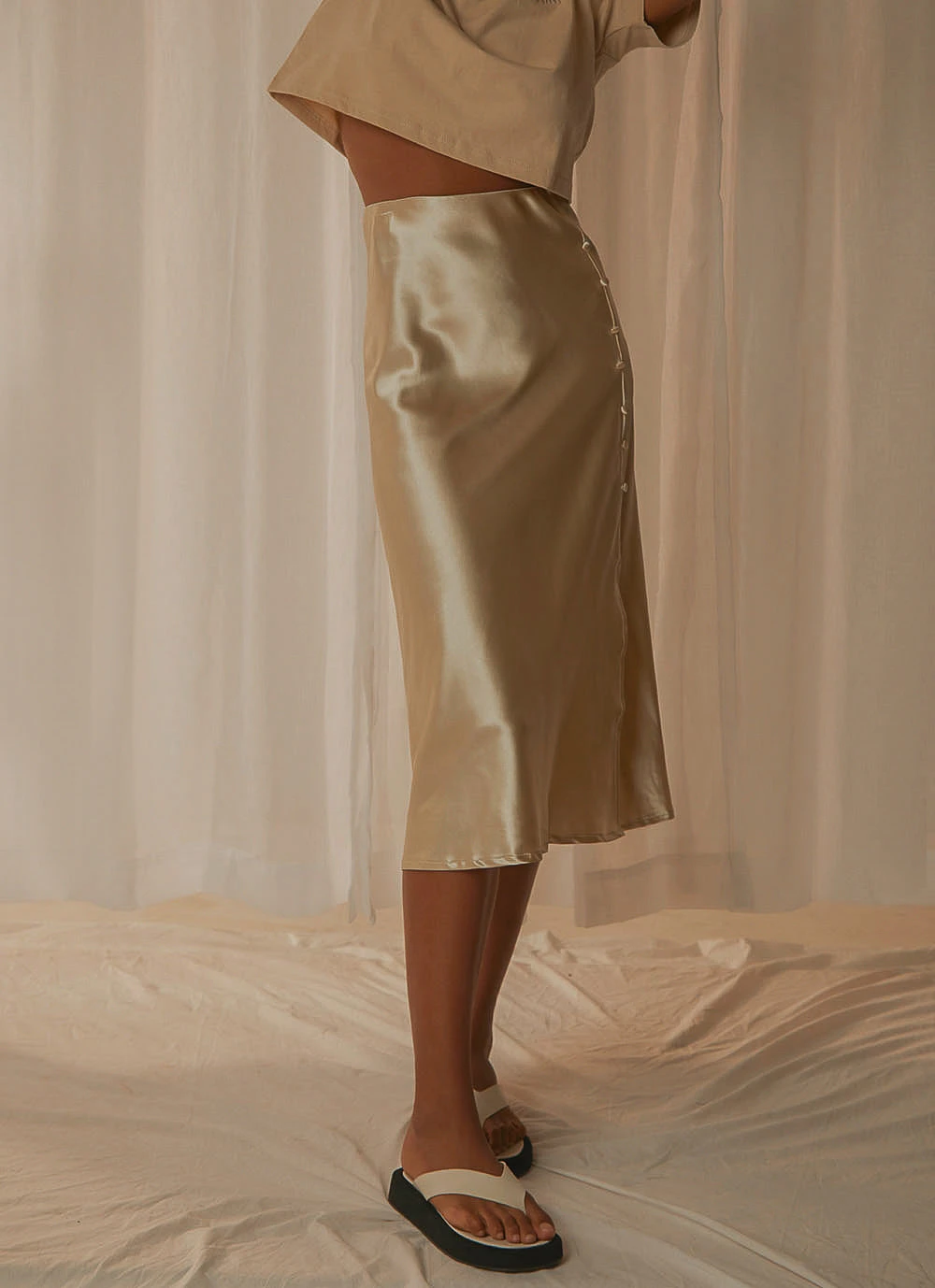 Peppermayo Summer Hues Satin Midi Skirt - Champagne New & Most Loved Peppermayo Summer Hues Satin Midi Skirt - Champagne New & Most Loved