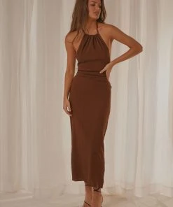 Peppermayo Exclusive Avoca Halter Maxi Dress - Choc Brown