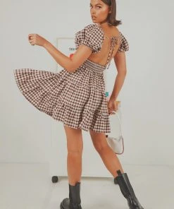 Peppermayo Exclusive New & Most Loved Gianna Mini Dress - Choc Brown Gingham