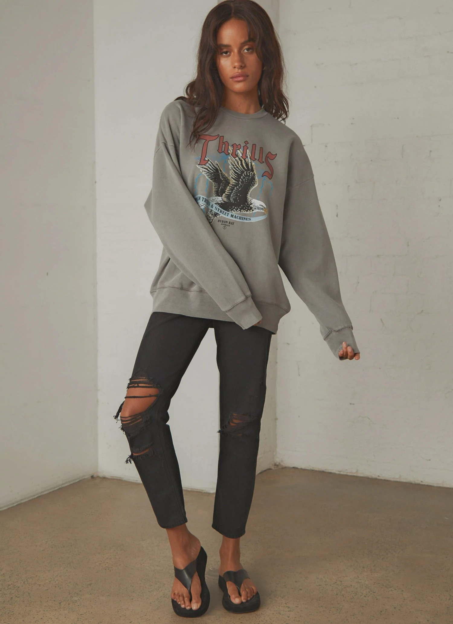 Thrills Storm The Castle Slouch Fit Crew - Washed Grey New & Most Loved 5 Thrills Storm The Castle Slouch Fit Crew - Washed Grey New & Most Loved