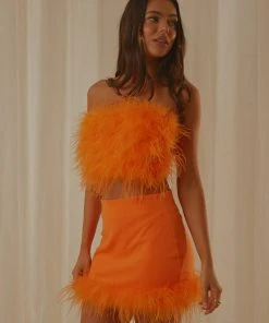 Peppermayo Exclusive The Night Is Ours Feather Crop Top - Tangerine New & Most Loved