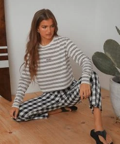 Afends New & Most Loved Niko Stripe Cropped LS Tee - Off White