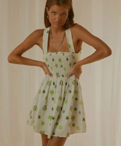 Peppermayo Exclusive European Towns Linen Mini Dress - Green Wild Poppies