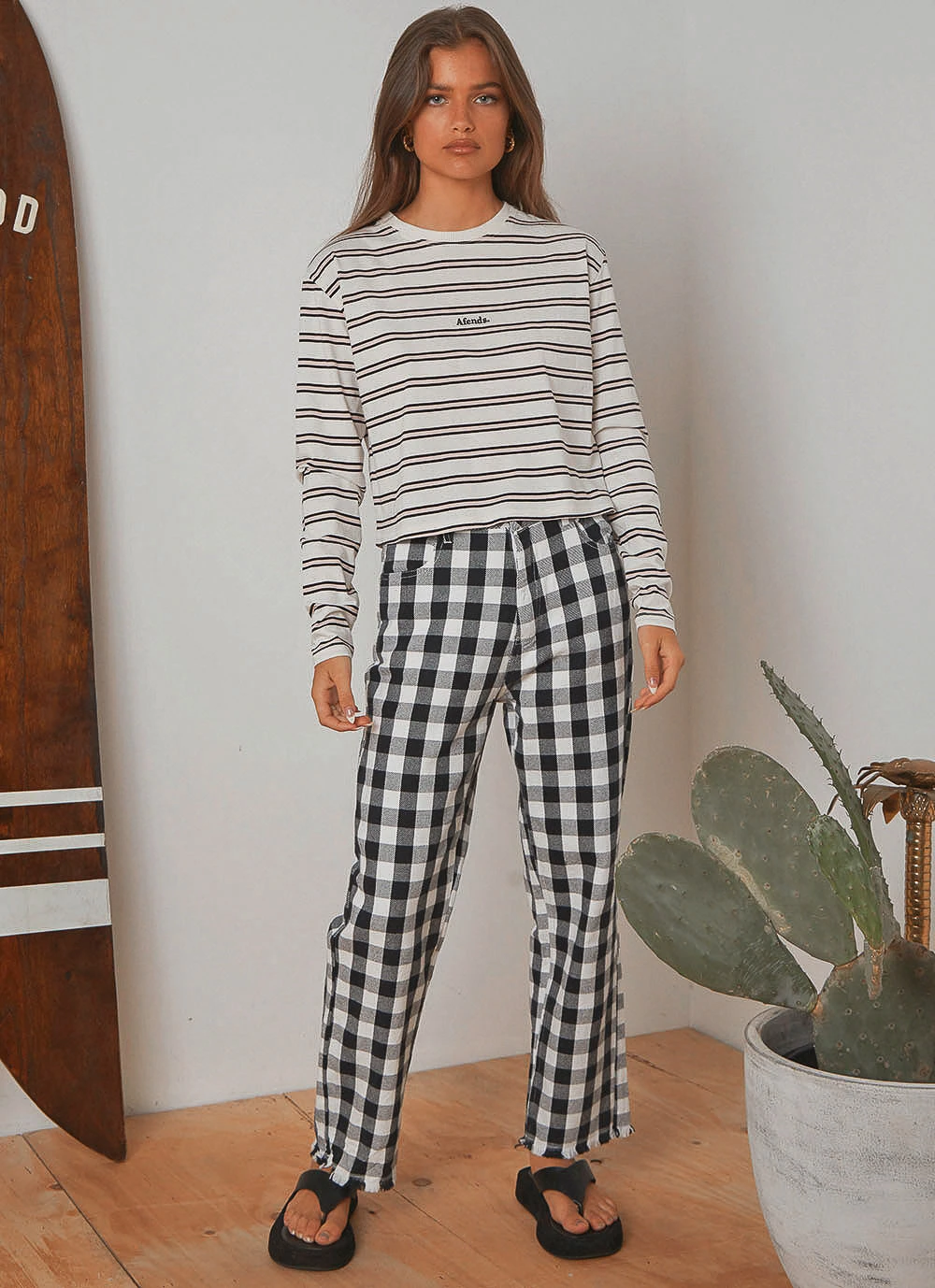 Afends New & Most Loved Gingham Twill Shelby Wide Leg Pant - Black/ White 3 Afends New & Most Loved Gingham Twill Shelby Wide Leg Pant - Black/ White