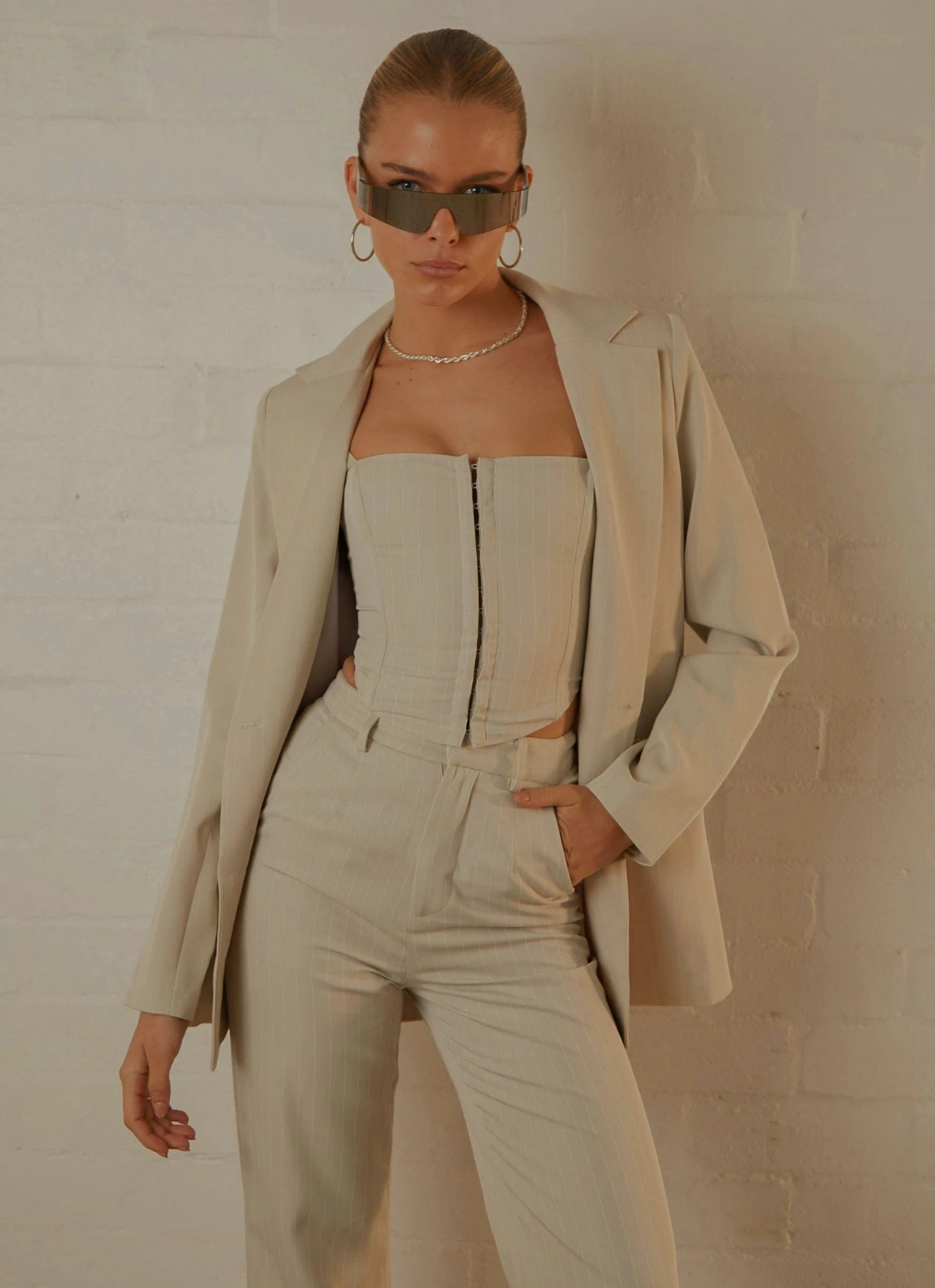 Peppermayo Exclusive New & Most Loved Mia Oversized Blazer - Stone Pinstripe Peppermayo Exclusive New & Most Loved Mia Oversized Blazer - Stone Pinstripe