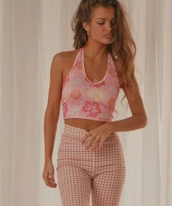 Peppermayo Exclusive Maui Halter Crop - Pink Hawaiian Floral