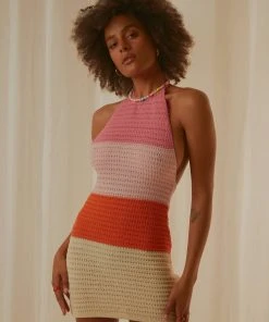 Peppermayo Exclusive New & Most Loved Last Sunset Hour Crochet Mini Dress - Pink Orange Splice