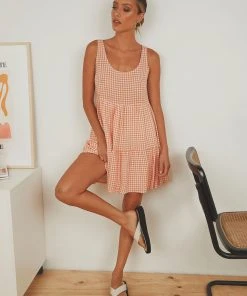 Peppermayo Facing The Sun Mini Dress - Peach Gingham New Dresses 9 Peppermayo Facing The Sun Mini Dress - Peach Gingham New Dresses