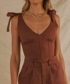 Peppermayo Exclusive New & Most Loved Parisian Life Linen Bustier Crop - Choc Brown