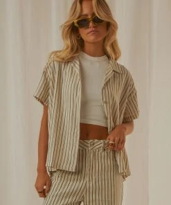 Afends Mood Hemp Stripe Short Sleeve Shirt - Cream New & Most Loved