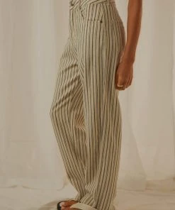 Afends Shelby Hemp Stripe Twill Wide Leg Pant - Cream New & Most Loved