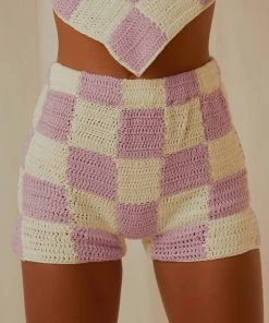 Peppermayo Exclusive Fiesta Crochet Shorts - Lilac Check New & Most Loved