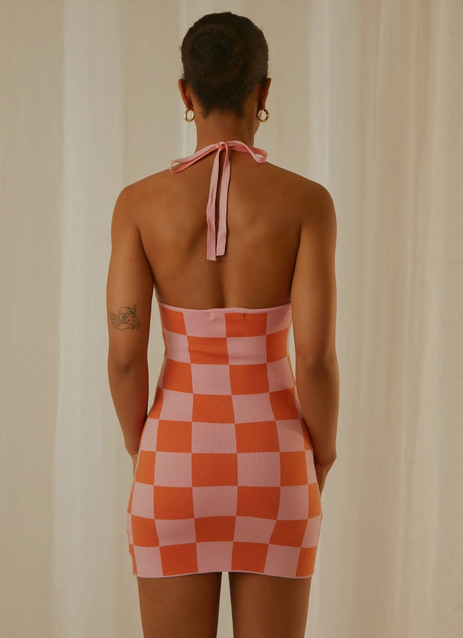 Peppermayo Exclusive The Groove Knit Halter Dress - Pink And Orange Checkers Peppermayo Exclusive The Groove Knit Halter Dress - Pink And Orange Checkers