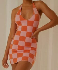 Peppermayo Exclusive The Groove Knit Halter Dress - Pink And Orange Checkers