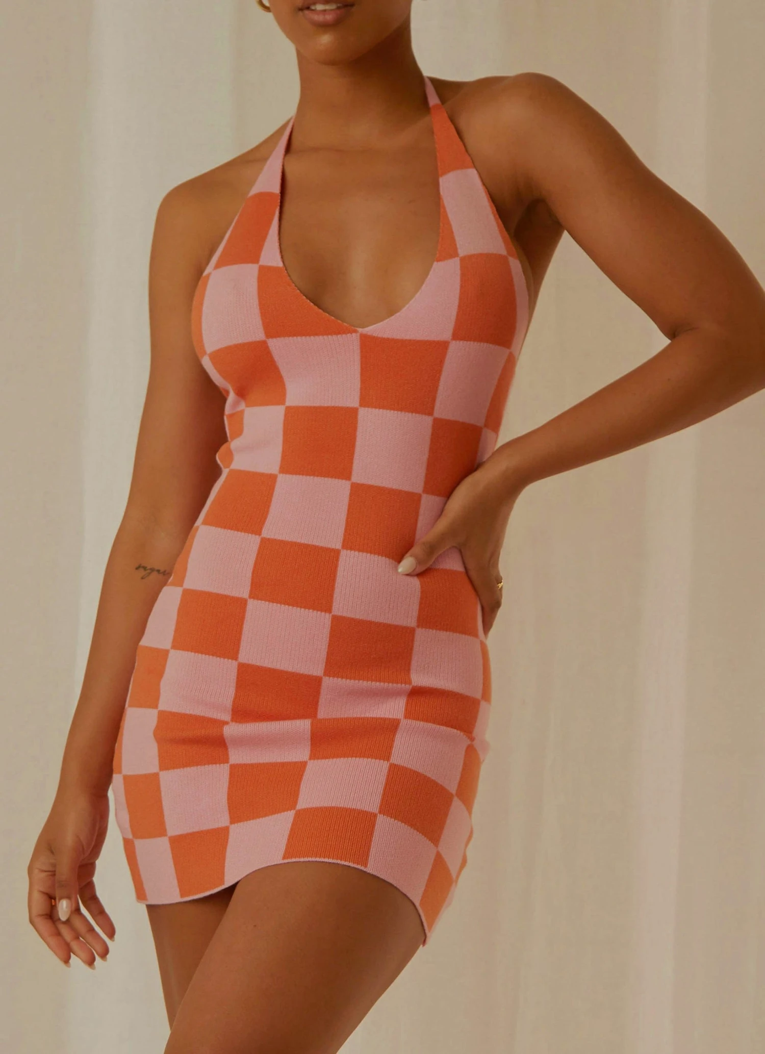Peppermayo Exclusive The Groove Knit Halter Dress - Pink And Orange Checkers Peppermayo Exclusive The Groove Knit Halter Dress - Pink And Orange Checkers