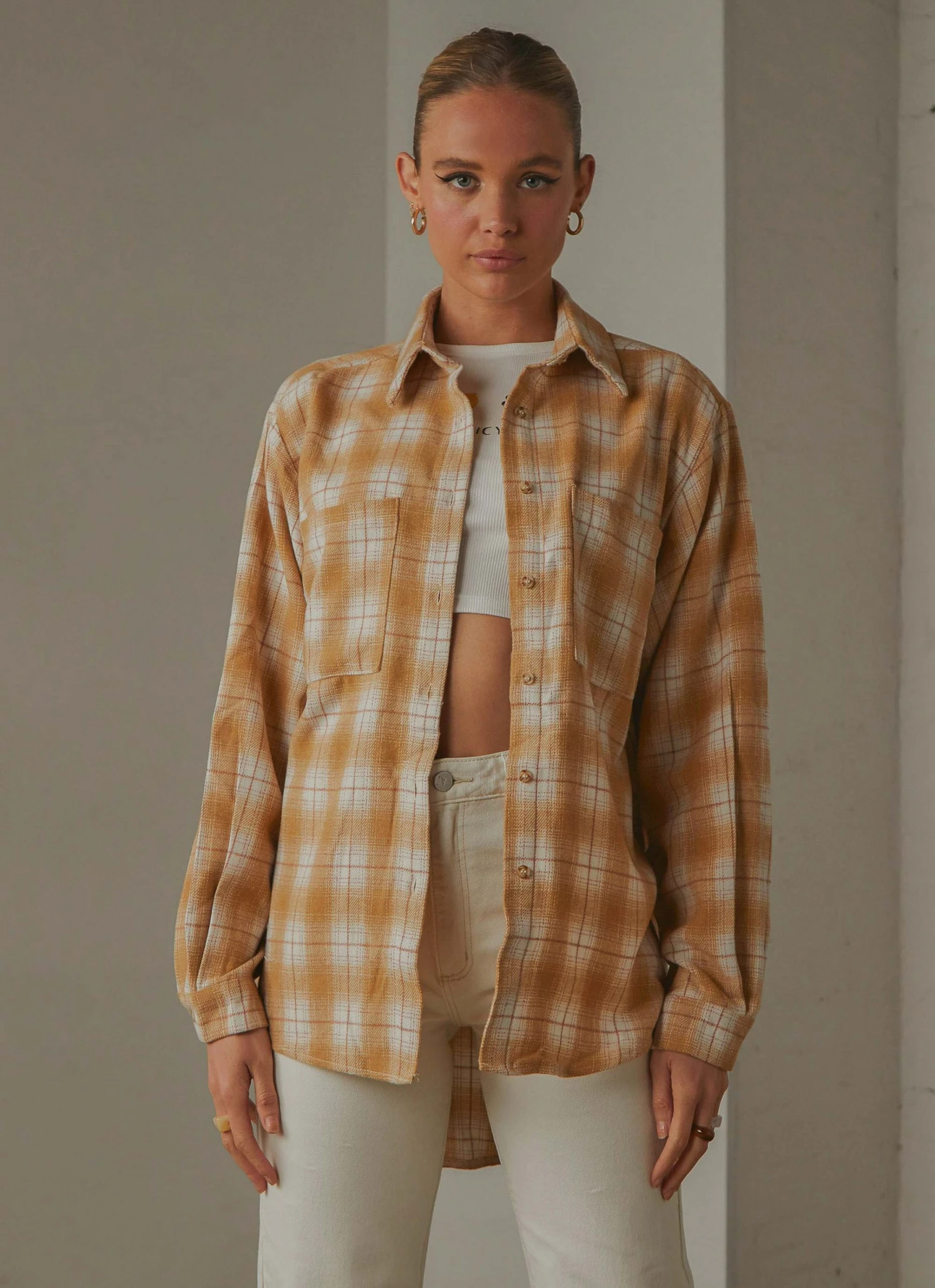 Peppermayo Know No Better Shirt - Beige Plaid New & Most Loved 6 Peppermayo Know No Better Shirt - Beige Plaid New & Most Loved