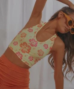 Peppermayo Exclusive Maui Halter Crop - Yellow Hawaiian Floral New & Most Loved