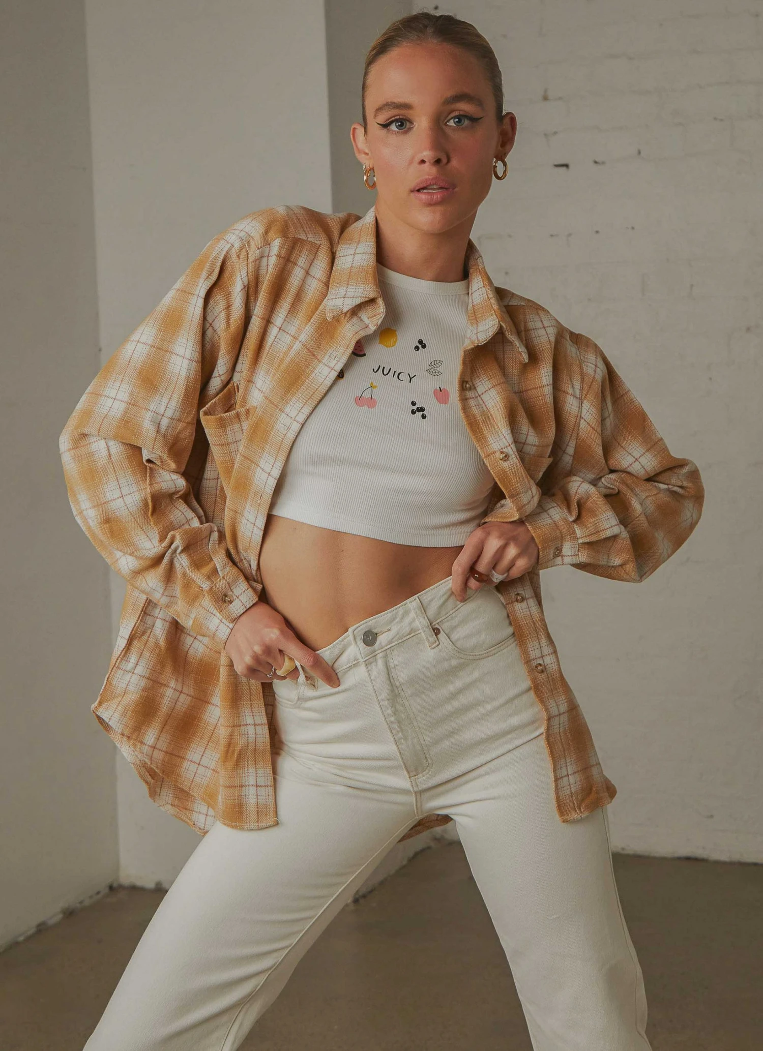 Peppermayo Know No Better Shirt - Beige Plaid New & Most Loved 3 Peppermayo Know No Better Shirt - Beige Plaid New & Most Loved