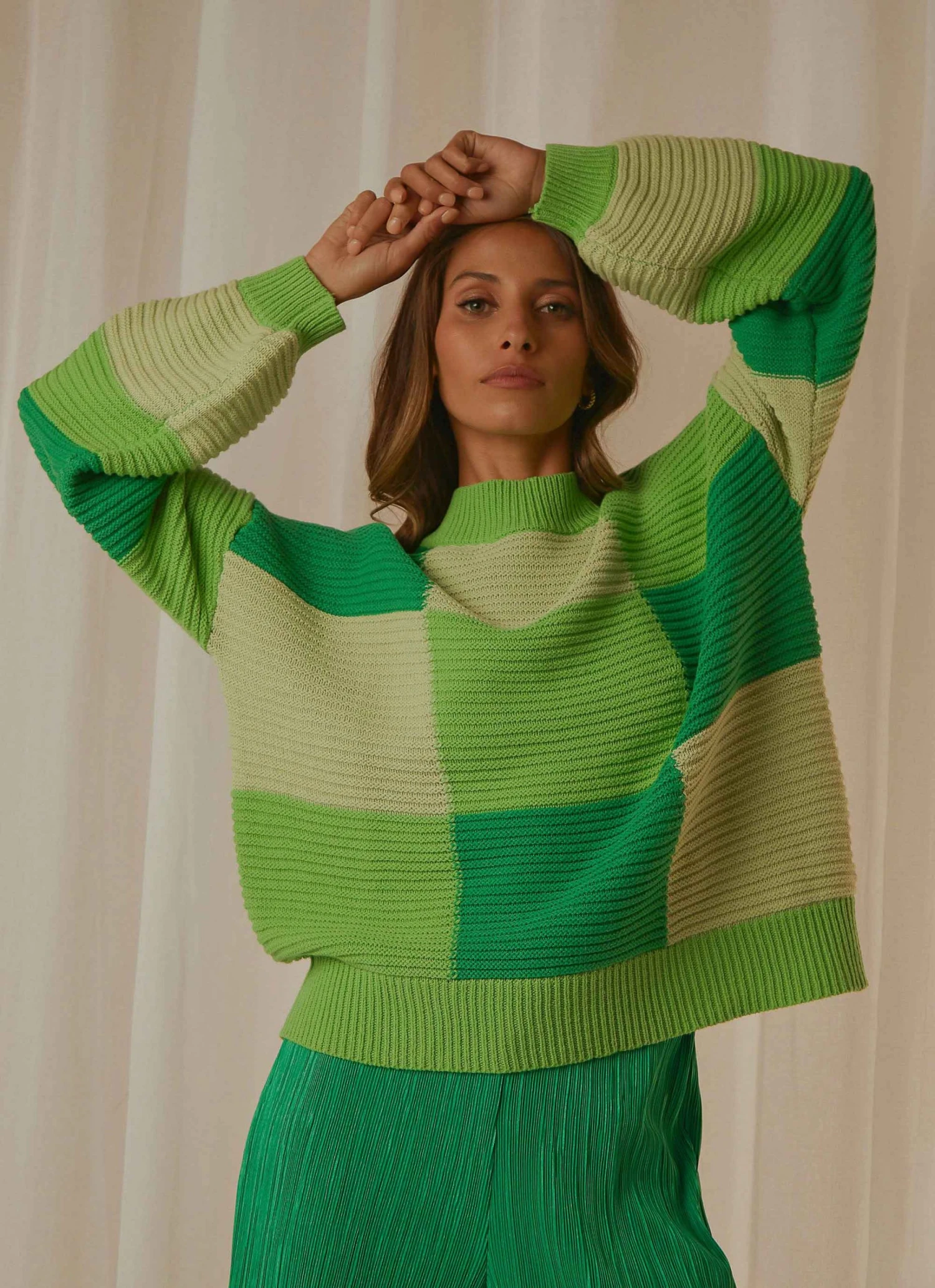 Peppermayo Exclusive Tulum Nights Knit Jumper - Green Patchwork New & Most Loved 3 Peppermayo Exclusive Tulum Nights Knit Jumper - Green Patchwork New & Most Loved