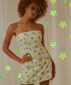Peppermayo Exclusive Hariette Tube Linen Mini Dress - Green Wild Poppies New & Most Loved
