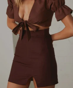 Peppermayo Exclusive New Bottoms The Avenue Linen Mini Skirt - Choc Brown 10 Peppermayo Exclusive New Bottoms The Avenue Linen Mini Skirt - Choc Brown