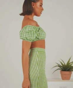 Peppermayo Exclusive Les Deux Crop Top - Green Gingham New & Most Loved