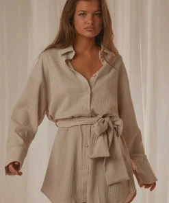 Peppermayo Exclusive Sianne Mini Shirt Dress - Taupe New & Most Loved 10 Peppermayo Exclusive Sianne Mini Shirt Dress - Taupe New & Most Loved