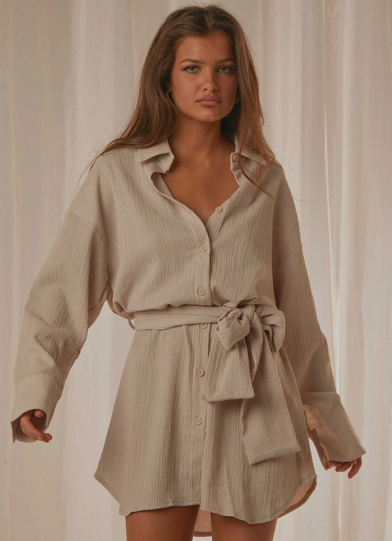 Peppermayo Exclusive Sianne Mini Shirt Dress - Taupe New & Most Loved 5 Peppermayo Exclusive Sianne Mini Shirt Dress - Taupe New & Most Loved