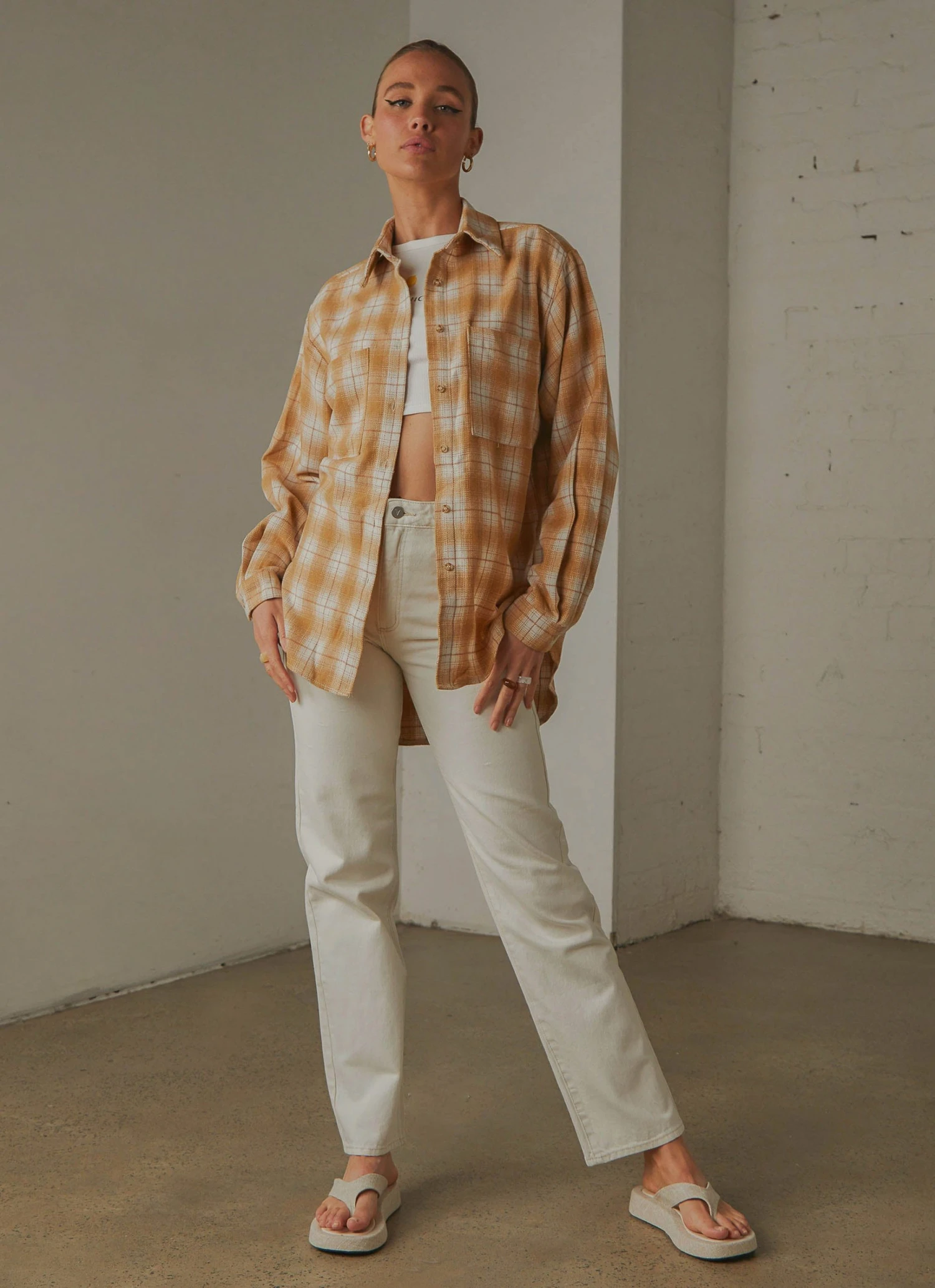 Peppermayo Know No Better Shirt - Beige Plaid New & Most Loved 5 Peppermayo Know No Better Shirt - Beige Plaid New & Most Loved