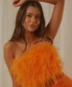 Peppermayo Exclusive The Night Is Ours Feather Crop Top - Tangerine New & Most Loved 11 Peppermayo Exclusive The Night Is Ours Feather Crop Top - Tangerine New & Most Loved
