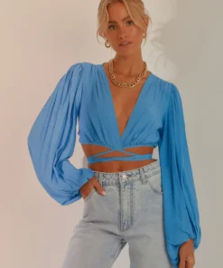 Peppermayo Farrah Tie Front Crop Top - Blue