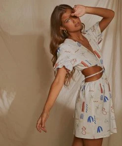 Peppermayo Exclusive Art Girl Linen Mini Dress- Santorini